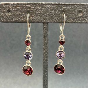 Triple Dangle Pierced Earrings Silver Graduated Purple Rhinestone Latch Bling